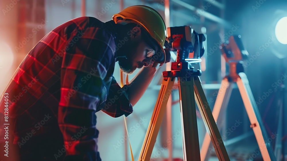 Poster A draughtsman surveying building and taking measurements with a laser measuring tool : Generative AI