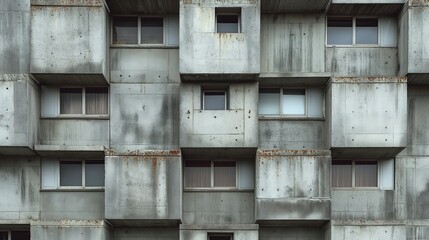 A concrete building with numerous windows, showcasing its modern architecture