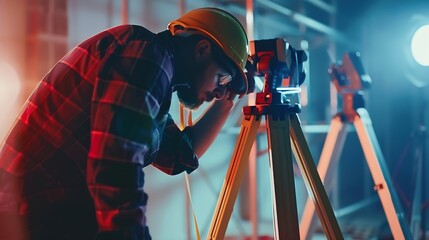 A draughtsman surveying building and taking measurements with a laser measuring tool : Generative AI