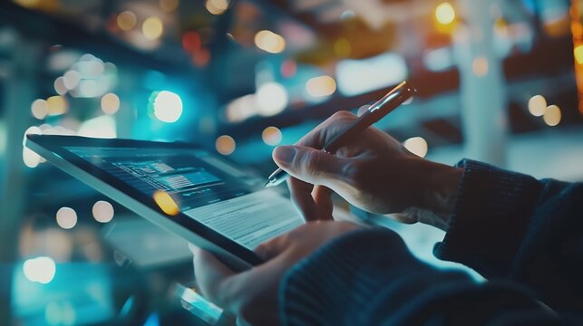 Tablet office research and happy man typing UX web design app wireframe development or monitor online software SEO algorithm web traffic statistics and person work on webdesign for web : Generative AI