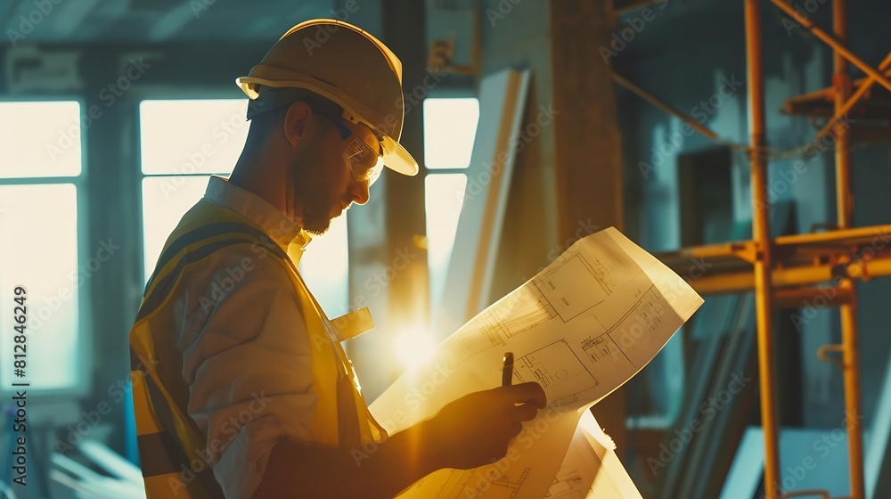Poster portrait of an architect builder studying layout plan of the rooms serious civil engineer working wi