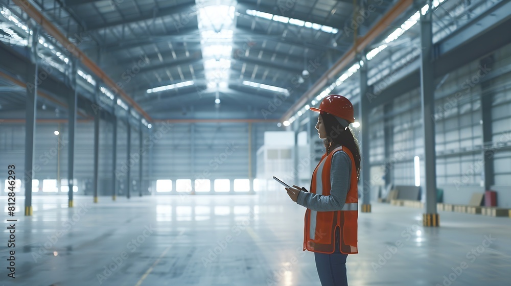Poster Industry 40 Modern Warehouse Female Engineer in Empty Warehouse Uses Digital Tablet Computer with Augmented Reality Software for Future Factory or Warehouse Layout Concept Shot of Augm : Generative AI