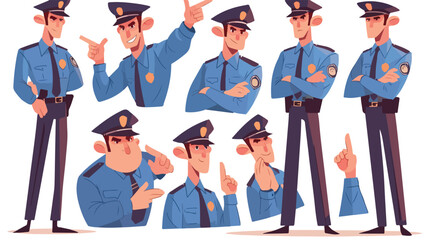 Content policeman in uniform. Blue form. Confident