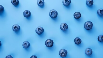 Fresh berries blueberry on blue background Colorful fruit pattern of blueberries as background Creative berries concept Flat lay top view copy space : Generative AI
