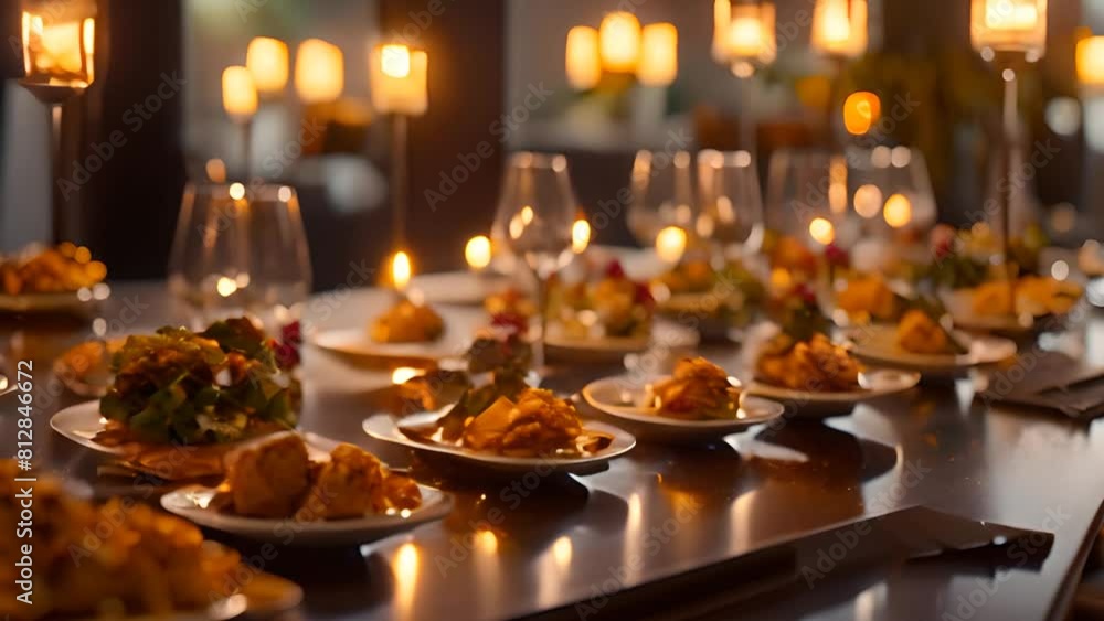 Poster long table set with food and candles generative ai
