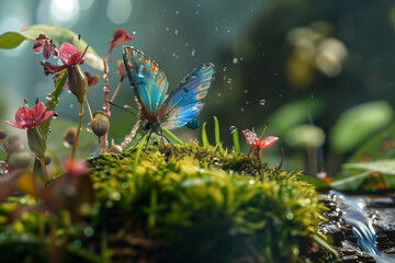 Vibrant butterfly on moss with water droplets in beautiful nature - obrazy, fototapety, plakaty