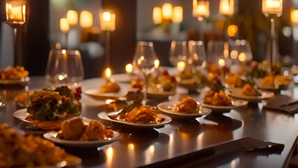 Long Table Set With Food and Candles Generative AI