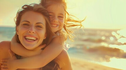 Smiling mother and beautiful daughter having fun on the beach Portrait of happy woman giving a piggyback ride to cute little girl with copy space Portrait of kid embracing her mom duri : Generative AI