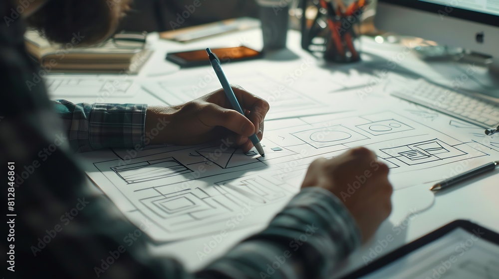 Wall mural UI UX website development team sketching wireframe layout for responsive web content in studio : Generative AI