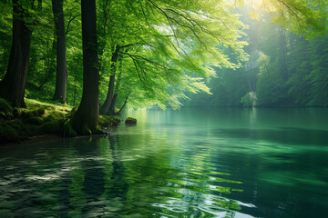 A serene image of a calm lake surrounded by a lush green forest with sunlight filtering through the trees - obrazy, fototapety, plakaty