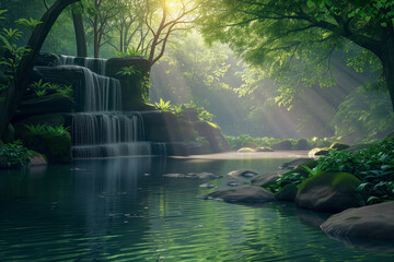 Tranquil waterfall oasis surrounded by lush greenery in calm nature - obrazy, fototapety, plakaty