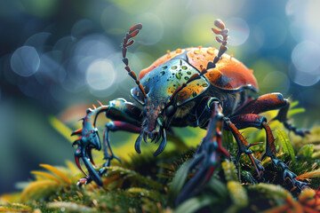 A highly detailed, fantasy portrayal of a metallic beetle with vivid colors amidst the lush greenery of a forest floor, evoking a sense of wonder and otherworldliness