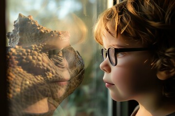 A moment of wonder as a young child closely observes an iguana, separated by glass
