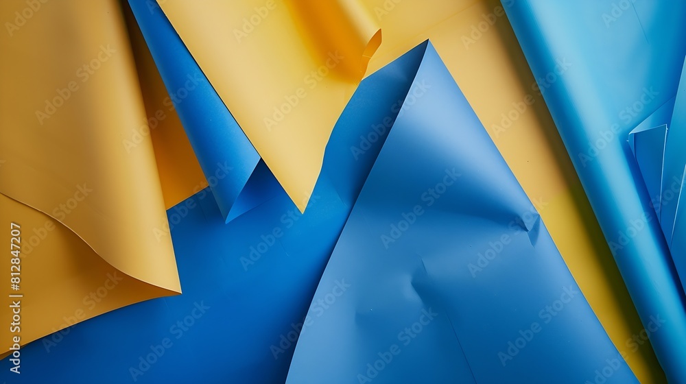Poster layout of colorful cardboard sheets in blue and yellow shades : generative ai