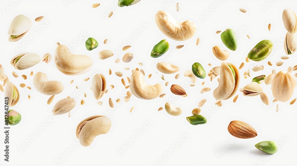 Poster Peeled peanut hazelnut green pumpkin seeds pistachio cashew walnut and almond isolated on white background Nuts flying for vertical layout Package design element with clipping path : Generative AI