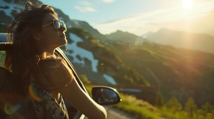 Young beautiful woman traveling by car in the mountains summer vacation and adventure : Generative AI
