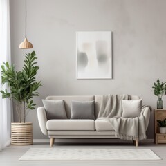Living room with a black and white framed picture on the wall. The room is sparsely decorated.