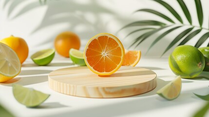 Empty wooden round podium on light grey background surrounded by citrus fruits Display pedestal for the presentation of cosmetic products drinks : Generative AI