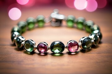 Tourmaline bracelets display a spectrum of colors, from vibrant pinks to rich greens. These stones are often cut into smooth beads or faceted gems, strung together to showcase their variety. - obrazy, fototapety, plakaty
