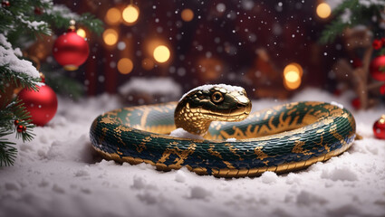 A green and gold snake is curled up in the snow next to a Christmas tree.  - obrazy, fototapety, plakaty