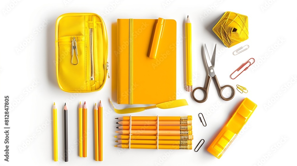 Poster back to school concept flat lay top view on school supplies stack notebook yellow full pencil case w