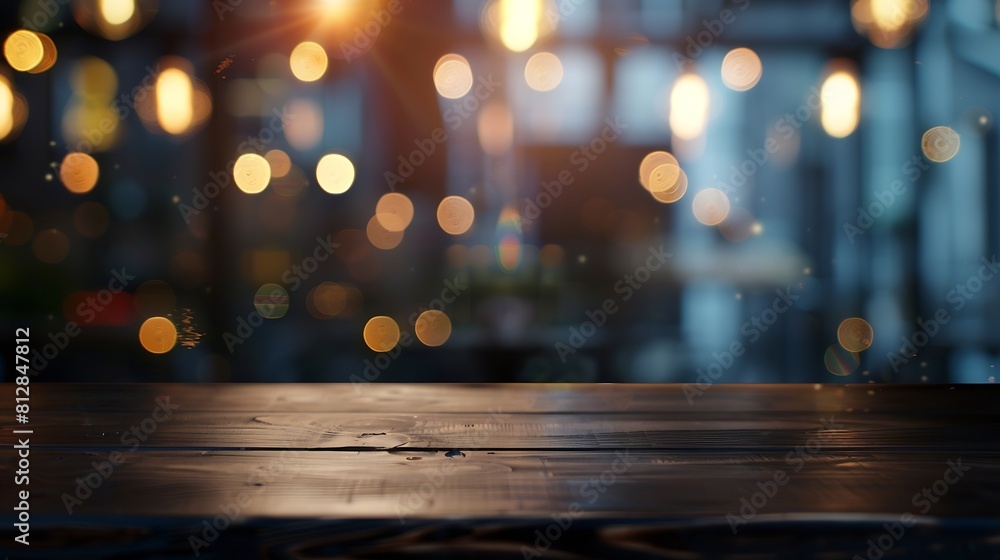 Poster Empty dark wooden table in front of restaurant abstract blurred bokeh background can be used to demonstrate or mount your products Layout for space : Generative AI