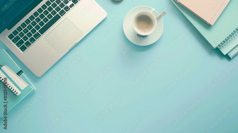 Aufkleber Minimal work space  Creative flat lay photo of workspace desk Top view office desk with laptop notebooks and coffee cup on blue color background Top view with copy space flat lay photo : Generative AI