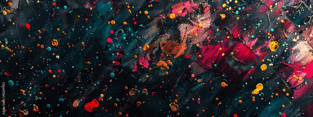 Poster chaotic splatters of paint on a canvas forming a hidden image.