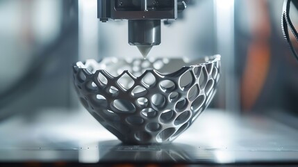 FDM3Dprinter with delta kinematic layout makes a flange part with internal structure from silver grey material view on print head and infill structure futuristic additive manufacturing : Generative AI