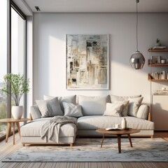 Living room with a black and white framed picture on the wall. The room is sparsely decorated.