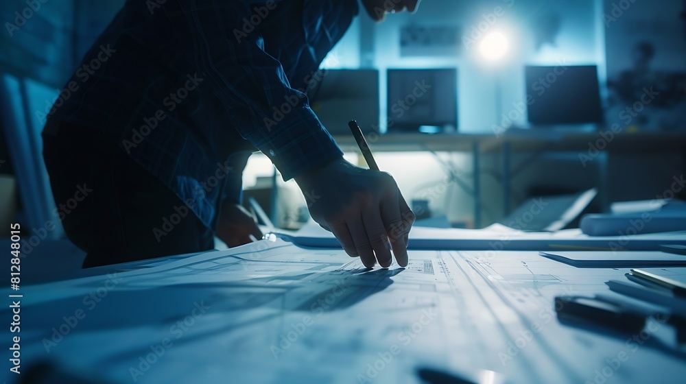 Poster Architect Engineer Design Working on Blueprint Planning Concept Construction Concept : Generative AI