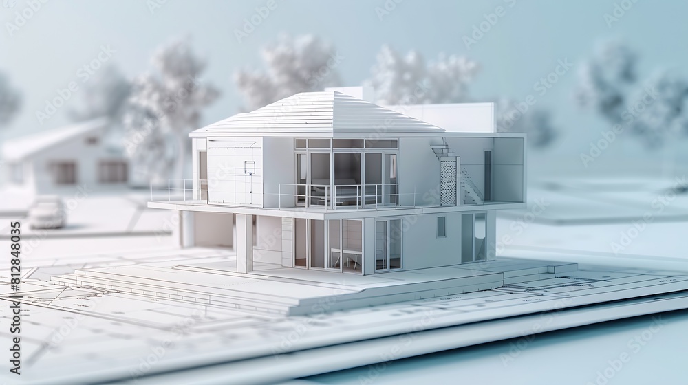 Poster residential building project architectural design blueprint plans and house model banner : generativ