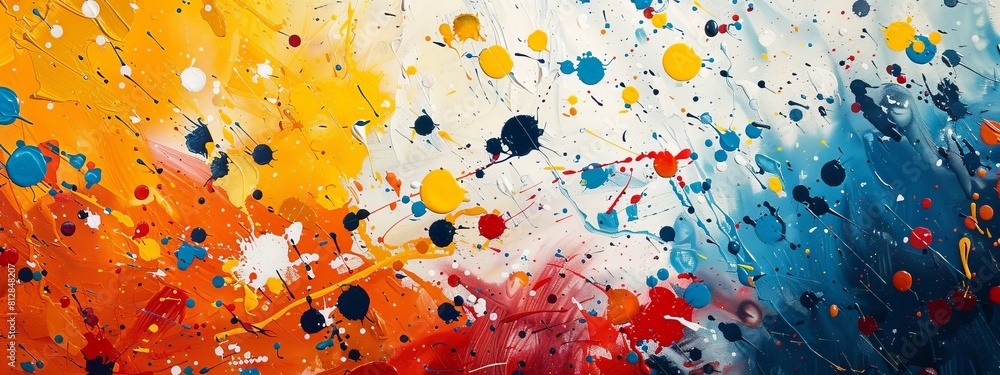 Poster chaotic splatters of paint on a canvas forming a hidden image.