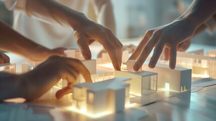 Creative people hands and real estate with 3d model of building design architecture or property at office Closeup of group architect team in meeting project planning or floor layout at : Generative AI