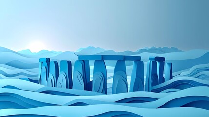 Create a 3D illustration of Stonehenge made of blue paper. Make the background white and the foreground a light blue. The illustration should be in a minimalist style.