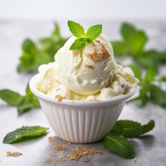 Ice cream in a white cup.