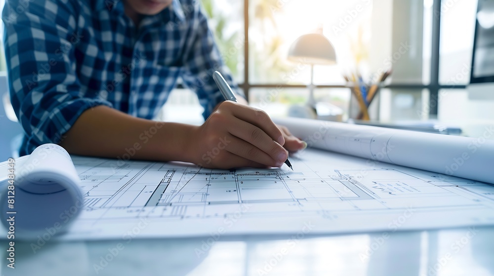 Fototapete architect drawing on a blueprint on architectural project at the construction site at office desk in the officeArchitectural and engineering concept : Generative AI