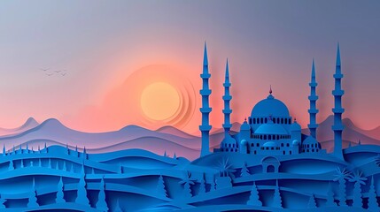 A beautiful blue and purple illustration of a mosque with intricate details. - obrazy, fototapety, plakaty