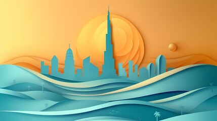 Illustrate a middle eastern city. The illustration should be colorful and include a large tower. - obrazy, fototapety, plakaty