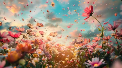 a beautiful field of flowers with flying petals, hyper realistic 