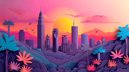 Create a paper cut out style illustration of a city skyline with a sunset and palm trees. the image should be 1920x1080 resolution and suitable for use as a desktop wallpaper. - obrazy, fototapety, plakaty