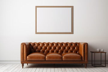 Living room with a black and white framed picture on the wall. The room is sparsely decorated.