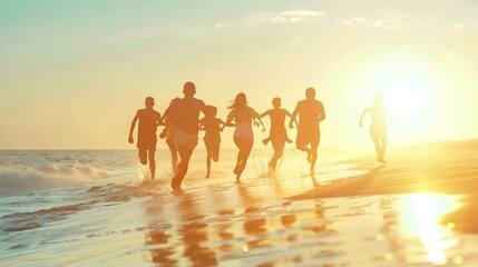 multicultural multinational happy people running into the sun carefree and happiness vacation on sea : Generative AI