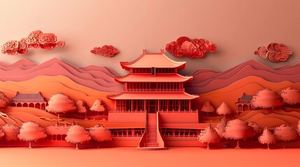 A beautiful illustration of a traditional Chinese courtyard with red walls and grey roof. - obrazy, fototapety, plakaty