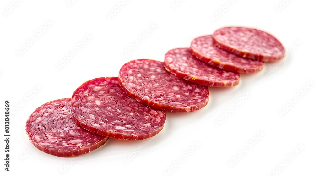 Aufkleber salami sausage slices isolated on white background pieces of sliced salami sausage laid out to creat