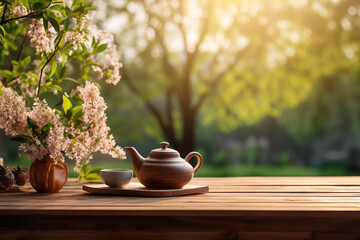 Teapot and glass on a wooden table, Tea background.