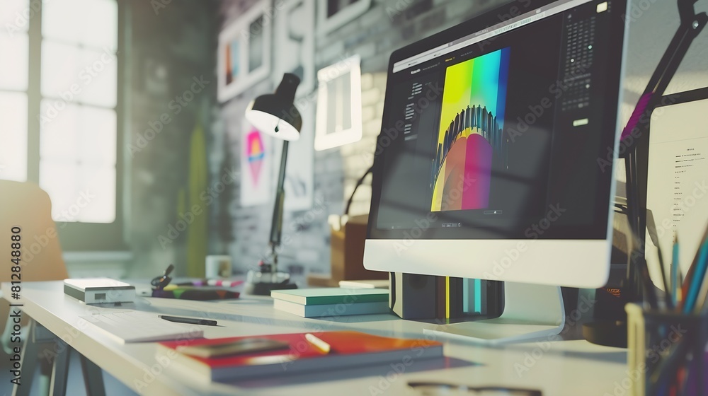 Poster Designers desk with responsive web design concept : Generative AI