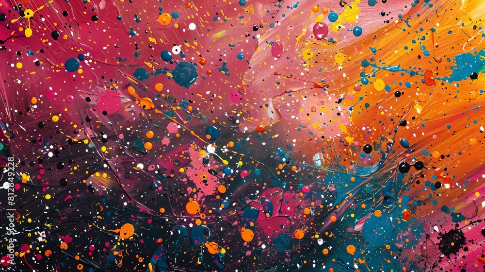 Poster chaotic splatters of paint on a canvas forming a hidden image.