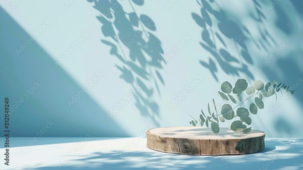 Poster Abstract empty Wood slice podium with eucalyptus leaves and shadows on blue background Mock up stand for product presentation 3D Render Minimal concept Advertising template : Generative AI