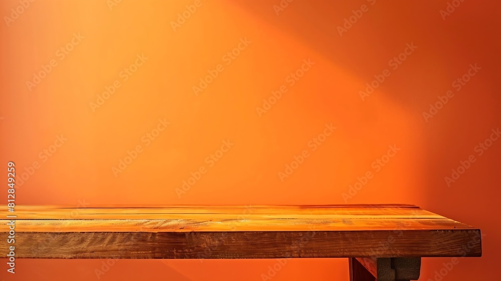 Poster empty wooden table on abstract orange background for product presentation copy space : generative ai